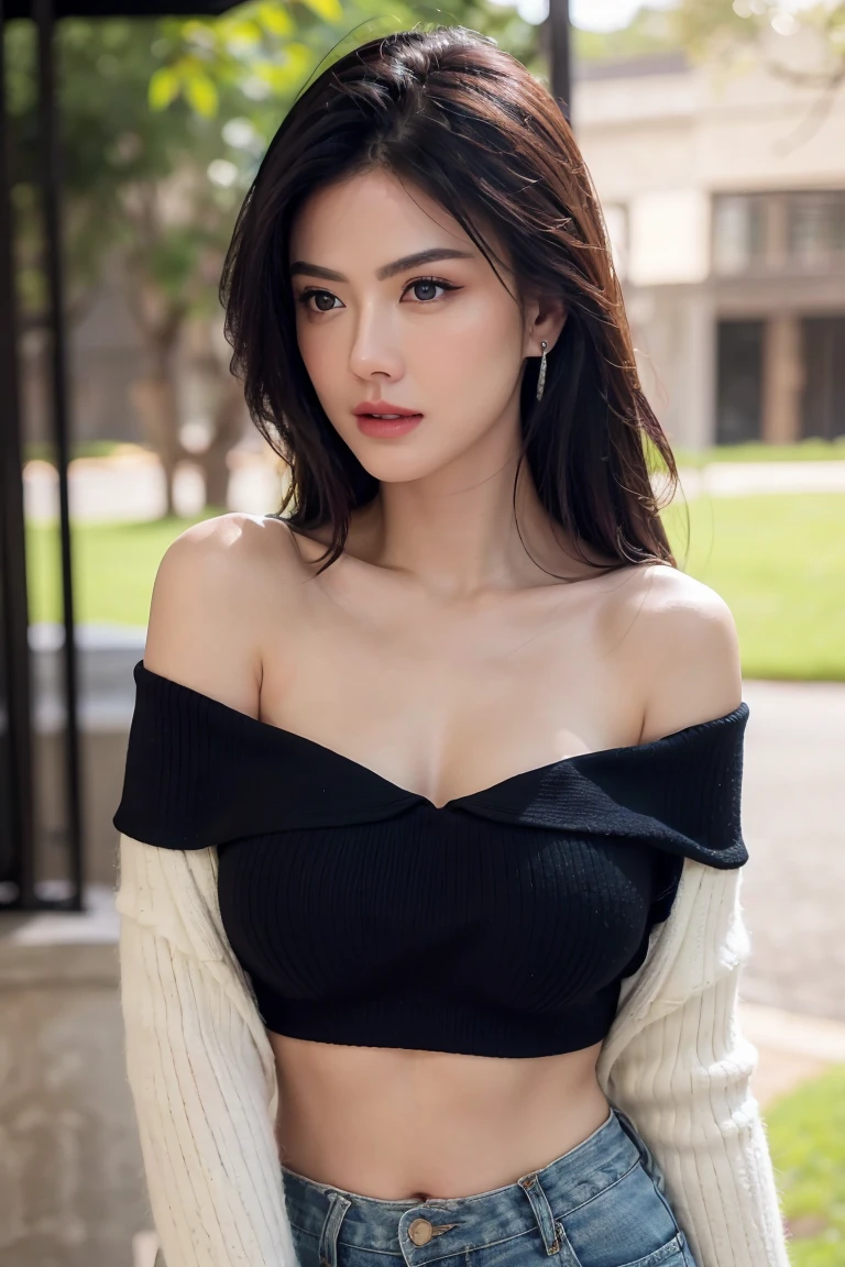 Best quality, masterpiece, ultra high resolution (photorealistic:1.5), raw photo, ,A captivating young woman adorns an exquisitely detailed, , (off-shoulder crop top, mini skirt), (huge breast:1.2), earrings, her white skin glowing under the soft, ethereal light of a sunset. With short straight black hair that frames her face, she exudes an air of charm and mystery. Her captivating eyes, of a vivid orange hue, hold a depth that tells tales of unspoken stories. Her skin, a testament to realism, is smooth and attractive, highlighting her striking features. , body shot, (((outdoor)))