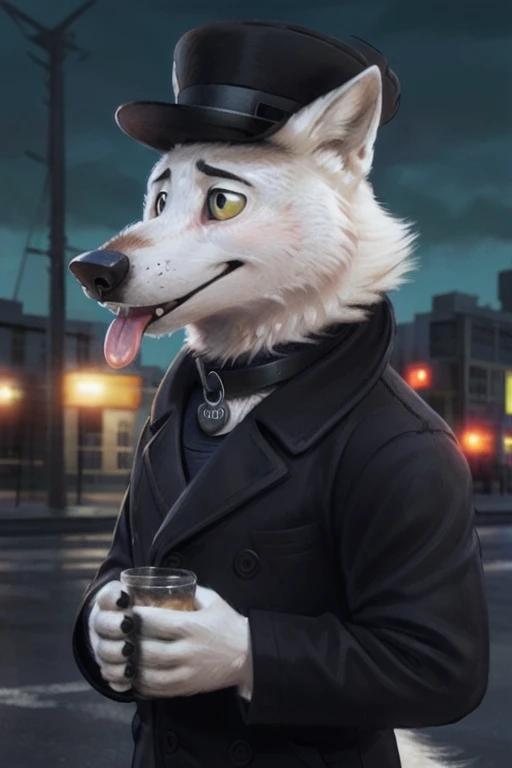 cute cartoon of a (gary \(zootopia\)) using a small black coke hat 19th century, wearing black worker uniform, wearing black tecnho dog collar,  wearing a Dor-15 black bowler hat with a red robotic eye in his frontal part,  solo, wolf, white fur, tongue out, full body image, BREAK, factory industry and dark green polluted sky background, pulling a lever, (intricate, high detail, film photography, soft focus, RAW candid cinema, photorealism, realistic, photorealistic, analog style, subsurface scattering, masterpiece, best quality, ultra realistic, 8k), profile picture