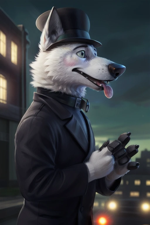 cute cartoon of a (gary \(zootopia\)) using a small black coke hat 19th century, wearing black worker uniform, wearing black tecnho dog collar,  wearing a Dor-15 black bowler hat with a red robotic eye in his frontal part,  solo, wolf, white fur, tongue out, full body image, BREAK, factory industry and dark green polluted sky background, pulling a lever, (intricate, high detail, film photography, soft focus, RAW candid cinema, photorealism, realistic, photorealistic, analog style, subsurface scattering, masterpiece, best quality, ultra realistic, 8k), profile picture