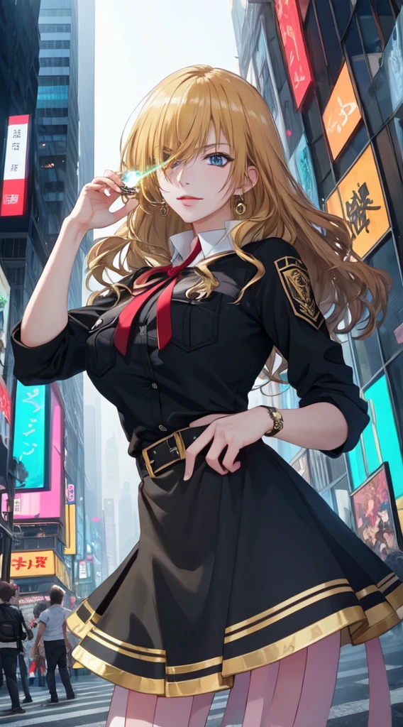 (masterpiece, top quality, best quality, extreme detailed, highest detailed, official art, cinematic composition, beautiful and aesthetic:1.2), colorful, (finely detailed eyes:1.1), beautiful face, perfect body, 1girl, solo, night city, urban city, laterns, street,gochic dress, (neon lights:1.1), big breasts, sfw,, (cyberpunk:1.1), (science fiction:1.1), (look up:1.2), (public:1.2),long hair,gold hair,blue eyes,8k,adult woman ,メイド服,hold the talisman between fingers,Multiple thunder bolts