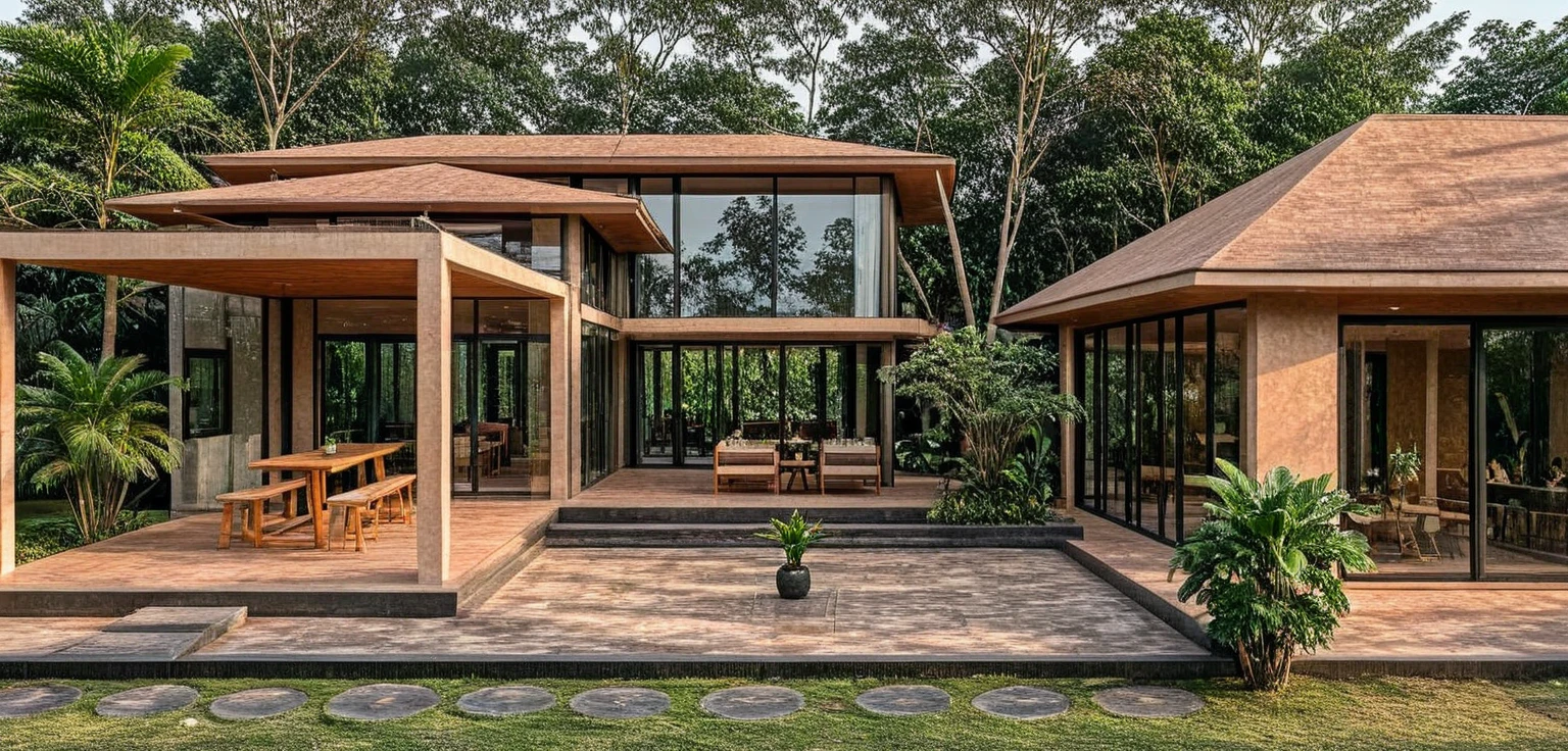 The image features a modern, two-story house with an earthy orange exterior, blending seamlessly into a lush tropical garden. The flat-roofed structure is surrounded by greenery, black tile roof, with a rooftop garden spilling over the edges. The house has large glass windows and doors, revealing an open, warm-toned interior with natural wooden elements. The garden in the foreground is vibrant, featuring rows of large, healthy vegetables, including leafy greens and cabbages. Tropical plants and trees surround the property, enhancing the feeling of being immersed in nature. The overall scene is tranquil and rich with natural elements,(sunset:1.2) (lightnight:1.2)