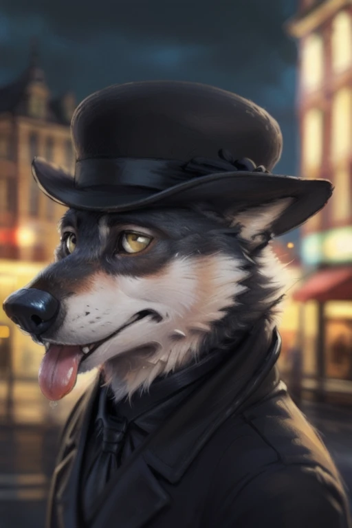 cute cartoon of a (gary \(zootopia\)) using a small black coke hat 19th century,  red carpet, suit, black tie, \(suit\), BREAK by bruteandbrawn, by personalami, by kenket, (intricate, high detail, film photography, soft focus, RAW candid cinema, photorealism, realistic, photorealistic, analog style, subsurface scattering, masterpiece, best quality, ultra realistic, 8k),  wearing black tecnho dog collar,  wearing a Dor-15 black bowler hat with a red robotic eye in his frontal part,  solo, wolf, white fur, tongue out, full body image, BREAK, factory industry and dark green polluted sky background, pulling a lever, (intricate, high detail, film photography, soft focus, RAW candid cinema, photorealism, realistic, photorealistic, analog style, subsurface scattering, masterpiece, best quality, ultra realistic, 8k), profile picture