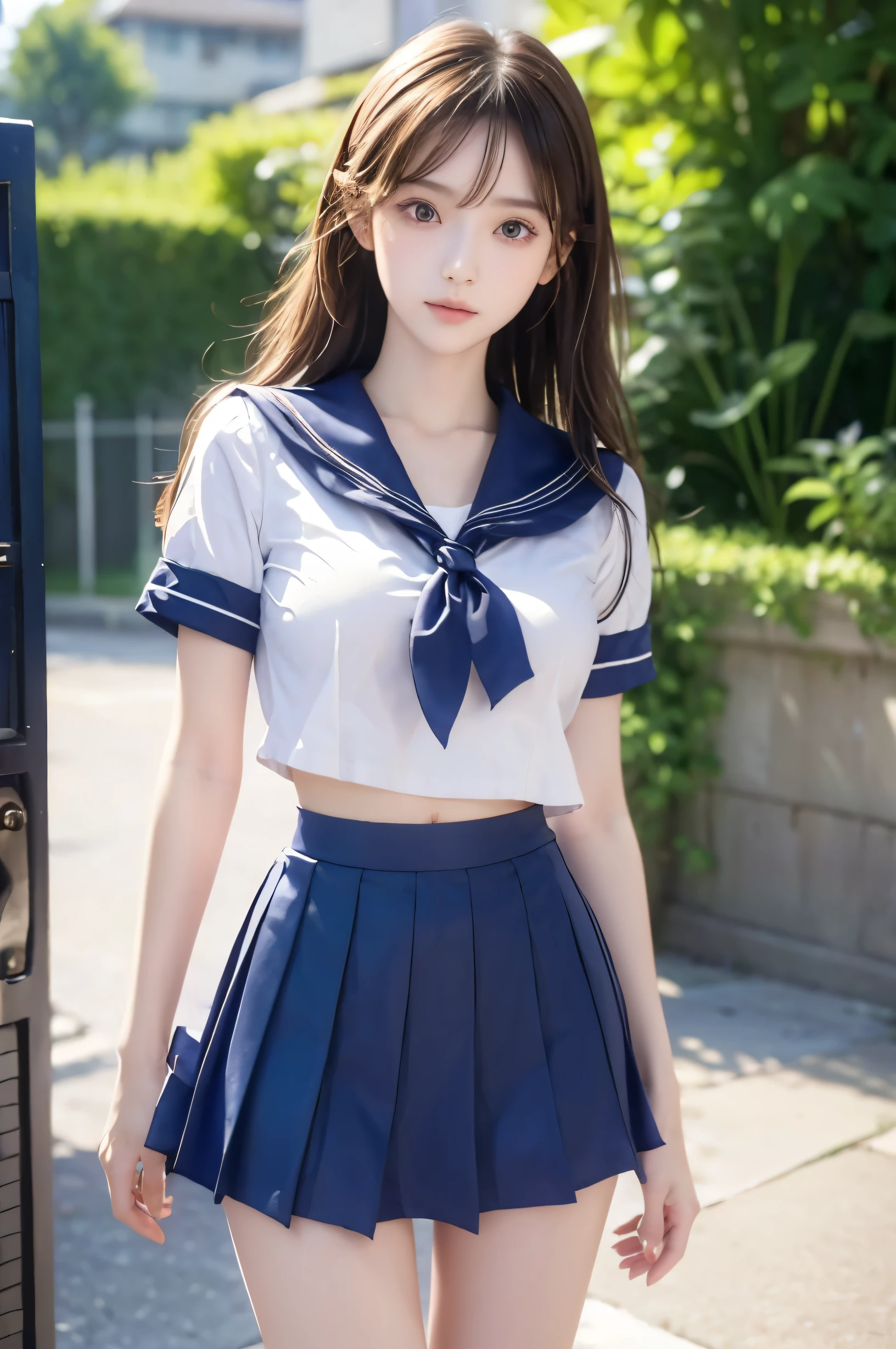 (Ultra HD), (Looking at me), (Short-sleeved sailor uniform, Navy blue mini skirt), Big Breasts, Super beautiful breasts, Slender, (Thin legs:1.2), (Thin thighs:1.2), (Thin Hips:1.4), (Beautiful Skin, Shiny skin, White skin), (Super slim face, Super beautiful face, No makeup, Smile:0.6), (Light Brown Hair, Semi-long, Layered Cut, Fluffy hair), (Big eyes:1.3, High corners of the eyes:1.6, double eyelid), (Thin eyebrows:0.1), (Small Nose:0.6), (Thin lips:0.6), Beautiful Hands, Empty-handed, Standing, In front of the school gate