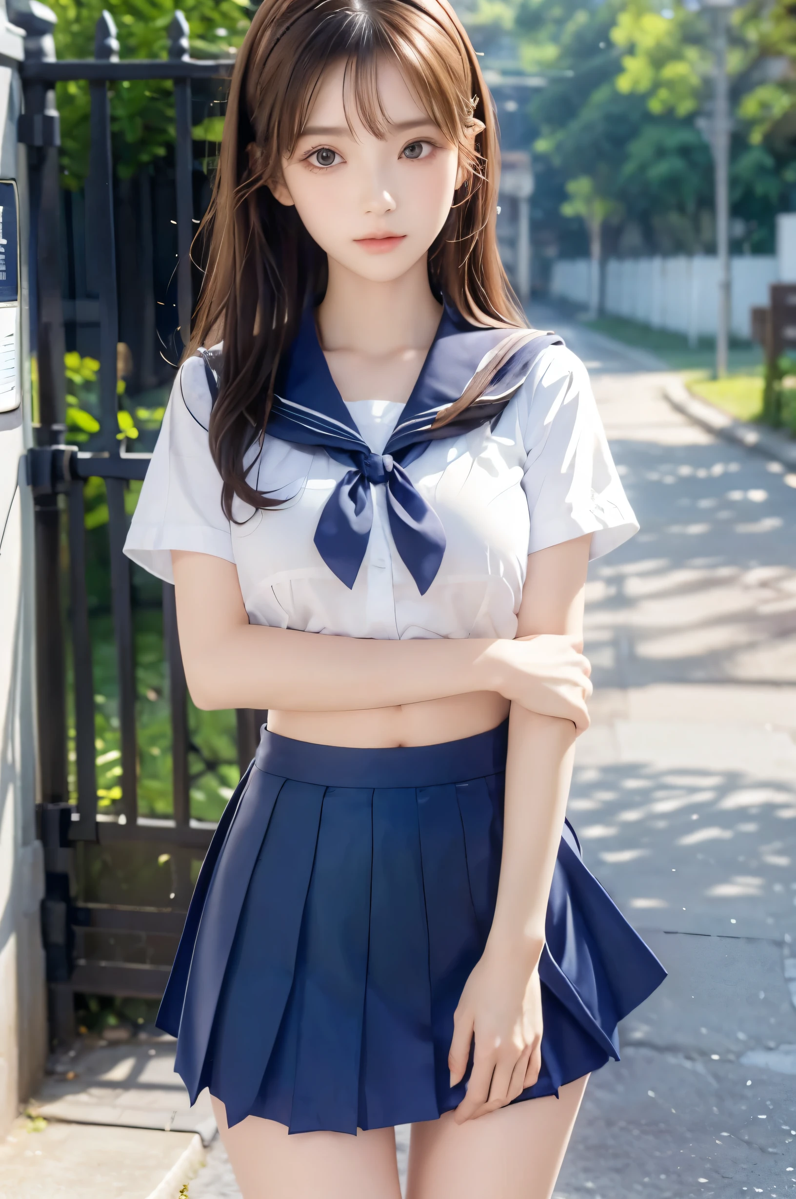 (Ultra HD), (Looking at me), (Short-sleeved sailor uniform, Navy blue mini skirt), Big Breasts, Super beautiful breasts, Slender, (Thin legs:1.2), (Thin thighs:1.2), (Thin Hips:1.4), (Beautiful Skin, Shiny skin, White skin), (Super slim face, Super beautiful face, No makeup, Smile:0.6), (Light Brown Hair, Semi-long, Layered Cut, Fluffy hair), (Big eyes:1.3, High corners of the eyes:1.6, double eyelid), (Thin eyebrows:0.1), (Small Nose:0.6), (Thin lips:0.6), Beautiful Hands, Empty-handed, Standing, In front of the school gate