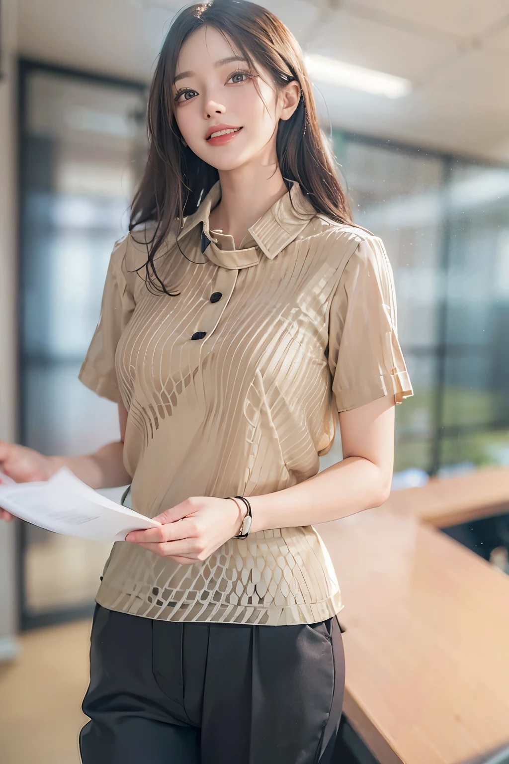 (Best quality, 8k, 32k, Masterpiece, UHD:1.2), 1 girl, ((close up;0.5)), beautiy Japanese office lady, (smile:0.5), (looking at the viewer), bit chubby, grey suit, grey skirt, white shirt, office room, desk, detailed beautiful face, pony-tail hair, from below,