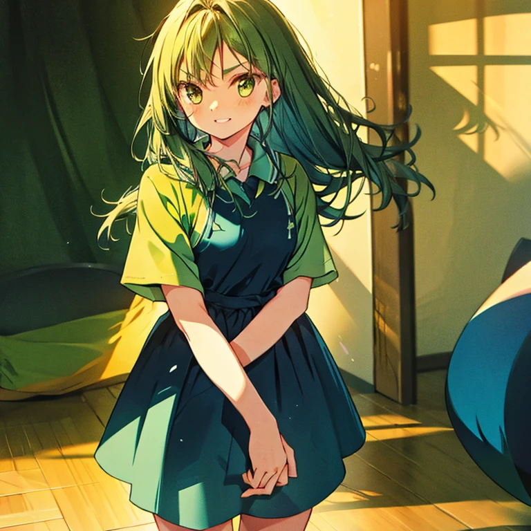 a girl , long hair, green blue dress  nishinoya