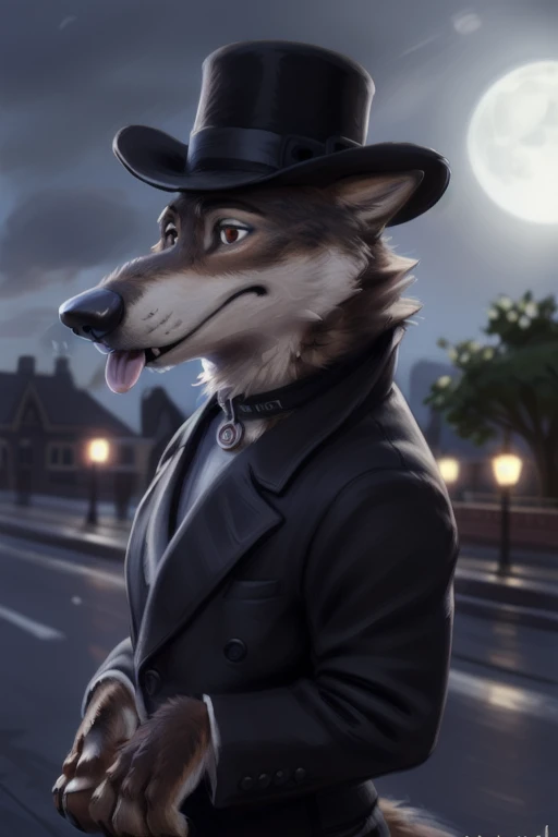 larry (zootopia), grey fur, (brown body:1.3), using a small black coke hat 19th century, wearing black worker uniform, wearing black tecnho dog collar, wearing a Dor-15 black bowler hat with a red robotic eye in his frontal part,  solo, wolf, white fur, tongue out, anthro, pawpads, finger claws, 5 fingers, paws, 4 toes, night, full moon, tail, red carpet, suit, black tie, wearing a Dor-15 black bowler hat with a red robotic eye in his frontal part, \(suit\), BREAK by bruteandbrawn, by personalami, by kenket, (intricate, high detail, film photography, soft focus, RAW candid cinema, photorealism, realistic, photorealistic, analog style, subsurface scattering, masterpiece, best quality, ultra realistic, 8k)