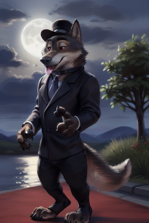 larry (zootopia), grey fur, (brown body:1.3), using a small black coke hat 19th century, wearing black worker uniform, wearing black tecnho dog collar, wearing a Dor-15 black bowler hat with a red robotic eye in his frontal part,  solo, wolf, white fur, tongue out, anthro, pawpads, finger claws, 5 fingers, paws, 4 toes, night, full moon, tail, red carpet, suit, black tie, wearing a Dor-15 black bowler hat with a red robotic eye in his frontal part, \(suit\), BREAK by bruteandbrawn, by personalami, by kenket, (intricate, high detail, film photography, soft focus, RAW candid cinema, photorealism, realistic, photorealistic, analog style, subsurface scattering, masterpiece, best quality, ultra realistic, 8k)