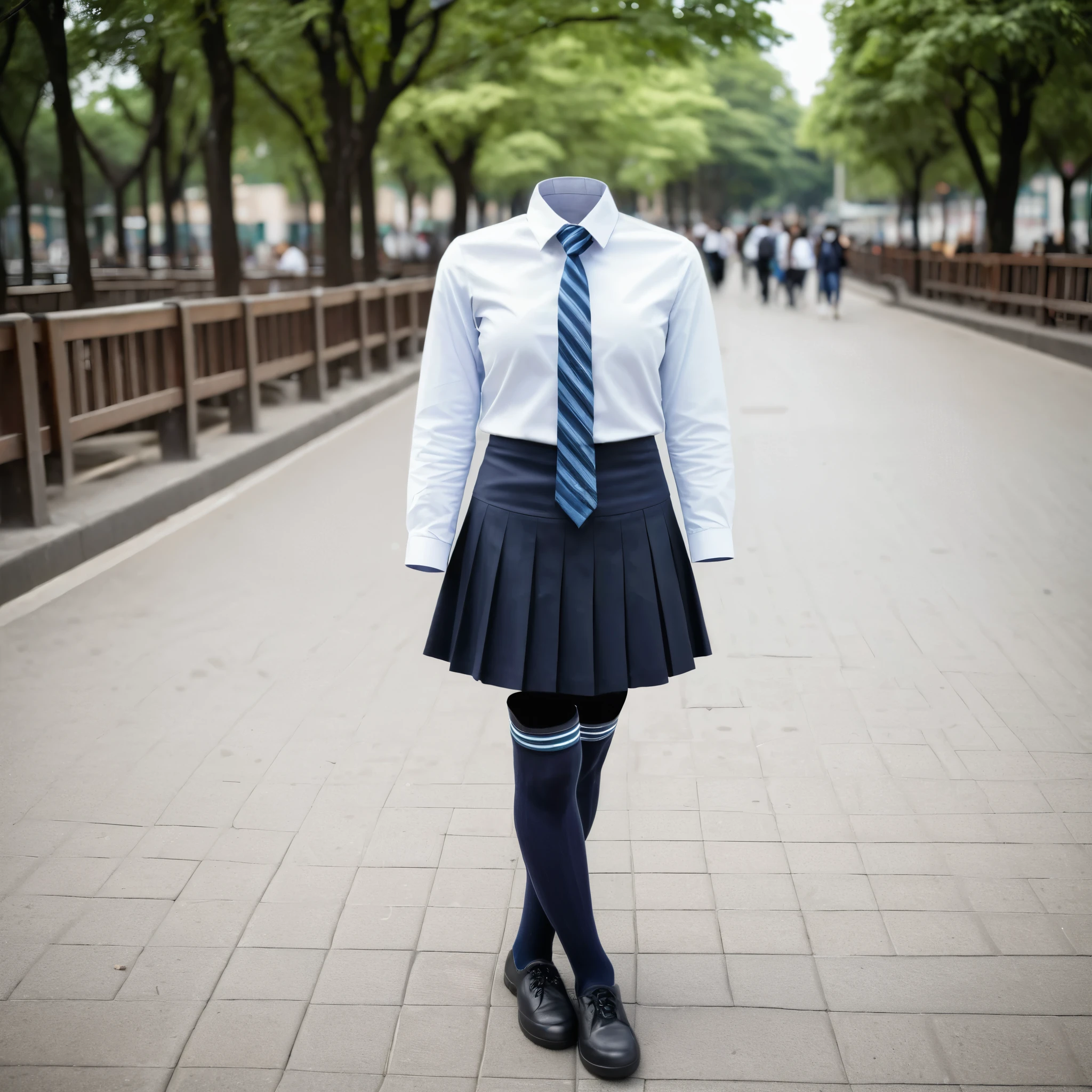 transparent, invisible person, in crowded city, school uniform, stripe tie, plaid school skirt, ((invisible, no humans, headless, handless, faceless:1.4), cute big breasts, cute pose, (8k, RAW photo, best quality, masterpiece:1.2), (realistic, photo-realistic:1.37), photon mapping, radiosity, ((Hasselblad photography)), physically-based rendering, school bag