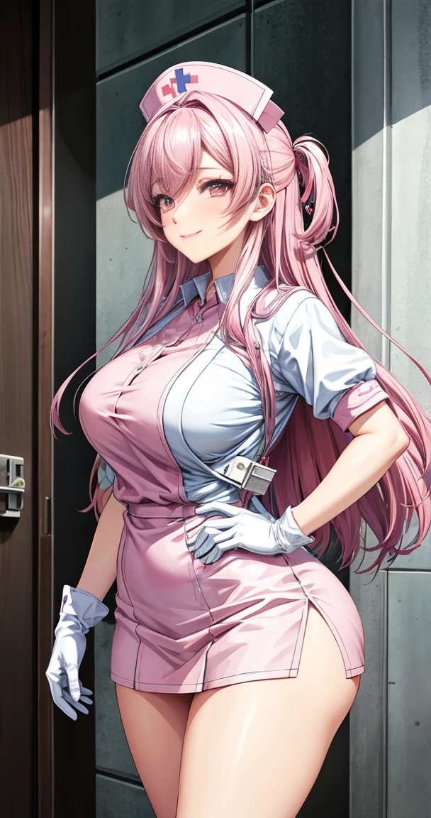 masterpiece, Best Quality, Super detailed, nurse,Pink Hair,Medium Hair,Half Up,Big hips, A light smile, hospital,White gloves,白いnurseの制服,Pink Eyes,Chubby, Nurse cap, Small breasts,nurse ボトムス,Stethoscope,White pants,
, Best Quality, Great quality, Very aesthetic,