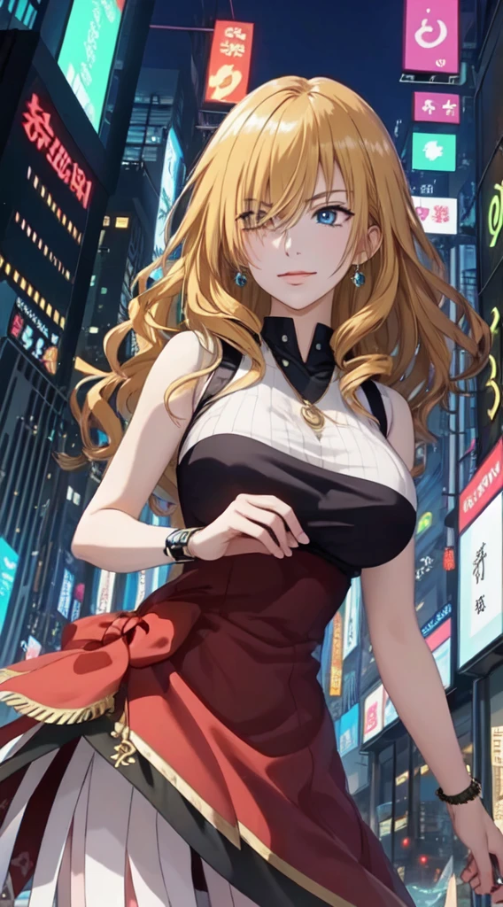 (masterpiece, top quality, best quality, extreme detailed, highest detailed, official art, cinematic composition, beautiful and aesthetic:1.2), colorful, (finely detailed eyes:1.1), beautiful face, perfect body, 1girl, solo, night city, laterns, street,gochic dress, (neon lights:1.1), big breasts, sfw,, (cyberpunk:1.1), (science fiction:1.1), (look up:1.2), (public:1.2),long hair,gold hair,blue eyes,8k,adult woman ,メイド服,hold the curse amulets between fingers,Multiple thunder bolts on background