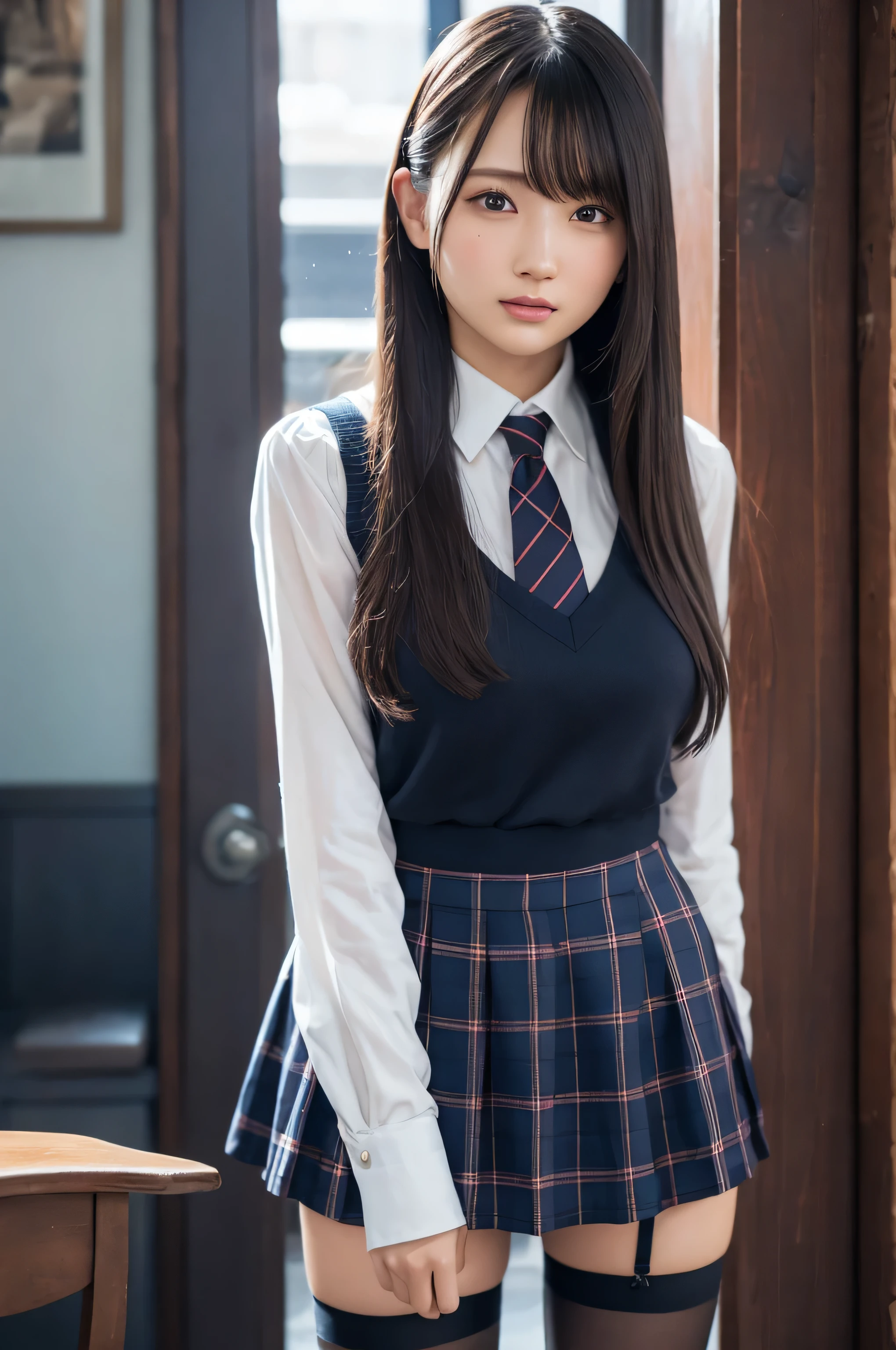 One woman、(Ultra-realistic), (Illustration), (High resolution), (8k), (Very detailed), (Best Illustration),(Original photo, Best Quality), Black Hair, Long Hair, Straight hair, Cover one eye, ribbon, Dark blue eyes, Long eyelashes, Large Breasts, School Uniform, Checkered skirt, mini skirt, Black pantyhose, garter belt, Excited, Panty shot, In town, Midnight Sky, Award-winning, Attention to detail, Super detailed, Textured Skin, Anatomically correct