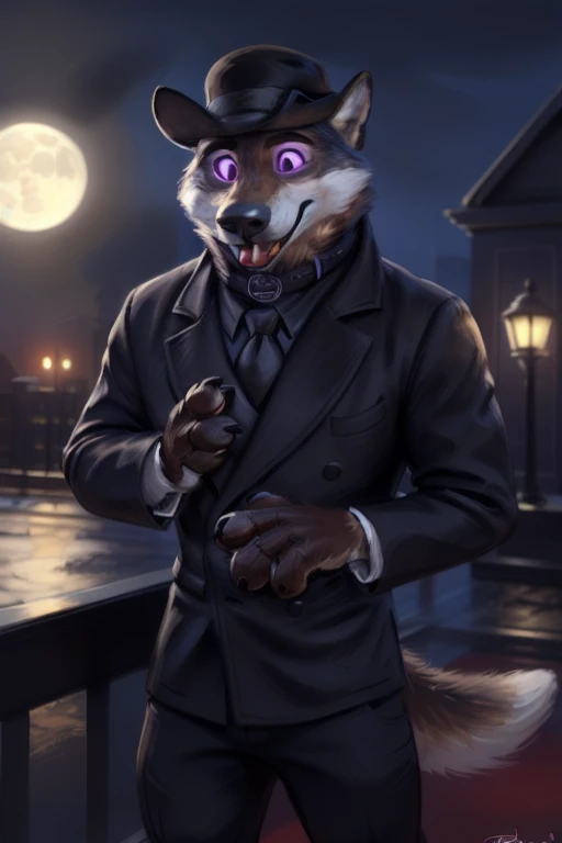 larry (zootopia), grey fur, (brown body:1.3), using a small black coke hat 19th century, wearing black worker uniform, wearing black tecnho dog collar, wearing a Dor-15 black bowler hat with a red robotic eye in his frontal part,  solo, wolf, white fur,  hypnotized with completely spyral glowing purple eyes with no irises or pupils, tongue out, anthro, pawpads, finger claws, 5 fingers, paws, 4 toes, night, full moon, tail, red carpet, suit, black tie, wearing a Dor-15 black bowler hat with a red robotic eye in his frontal part, \(suit\), BREAK by bruteandbrawn, by personalami, by kenket, (intricate, high detail, film photography, soft focus, RAW candid cinema, photorealism, realistic, photorealistic, analog style, subsurface scattering, masterpiece, best quality, ultra realistic, 8k)