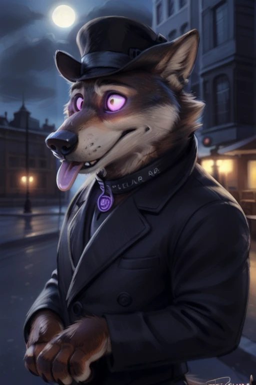 larry (zootopia), grey fur, (brown body:1.3), using a small black coke hat 19th century, wearing black worker uniform, wearing black tecnho dog collar, wearing a Dor-15 black bowler hat with a red robotic eye in his frontal part,  solo, wolf, white fur,  hypnotized with completely spyral glowing purple eyes with no irises or pupils, tongue out, anthro, pawpads, finger claws, 5 fingers, paws, 4 toes, night, full moon, tail, red carpet, suit, black tie, wearing a Dor-15 black bowler hat with a red robotic eye in his frontal part, \(suit\), BREAK by bruteandbrawn, by personalami, by kenket, (intricate, high detail, film photography, soft focus, RAW candid cinema, photorealism, realistic, photorealistic, analog style, subsurface scattering, masterpiece, best quality, ultra realistic, 8k)