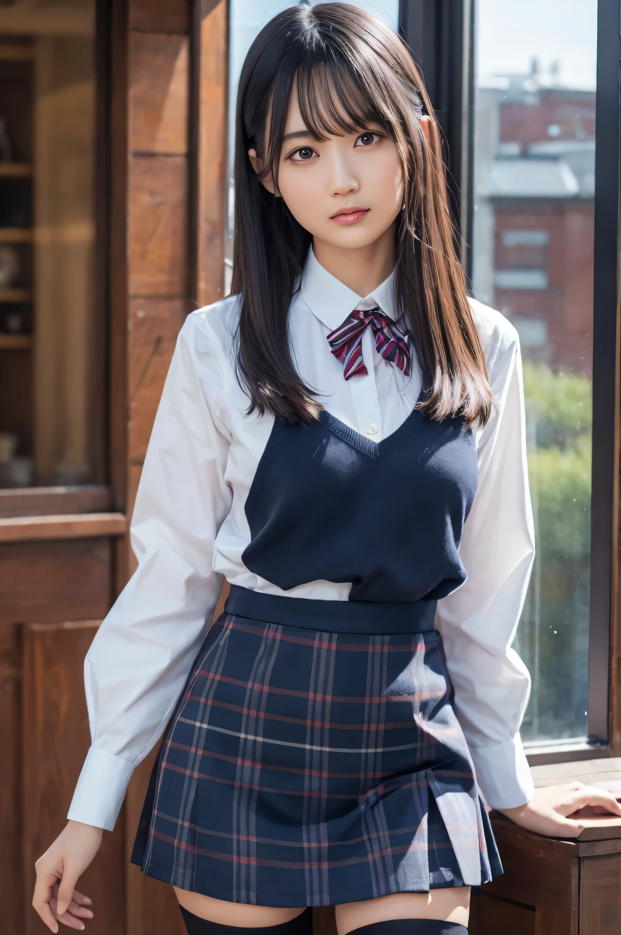 One woman、(Ultra-realistic), (Illustration), (High resolution), (8k), (Very detailed), (Best Illustration),(Original photo, Best Quality), Black Hair, Long Hair, Straight hair, Cover one eye, ribbon, Dark blue eyes, Long eyelashes, Large Breasts, School Uniform, Checkered skirt, mini skirt, Black pantyhose, garter belt, Excited, Panty shot, In town, Midnight Sky, Award-winning, Attention to detail, Super detailed, Textured Skin, Anatomically correct