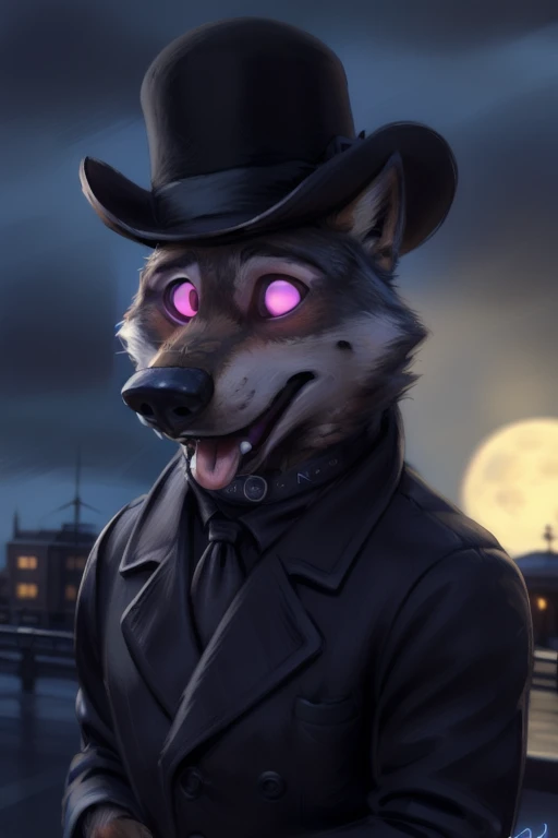 larry (zootopia), grey fur, (brown body:1.3), using a small black coke hat 19th century, wearing black worker uniform, wearing black tecnho dog collar, wearing a Dor-15 black bowler hat with a red robotic eye in his frontal part, solo, wolf, white fur, hypnotized with completely spyral glowing purple eyes with no irises or pupils, big open mouth tongue out, anthro, pawpads, finger claws, 5 fingers, paws, 4 toes, night, full moon, tail, red carpet, suit, black tie, wearing a Dor-15 black bowler hat with a red robotic eye in his frontal part, \(suit\), BREAK by bruteandbrawn, by personalami, by kenket, (intricate, high detail, film photography, soft focus, RAW candid cinema, photorealism, realistic, photorealistic, analog style, subsurface scattering, masterpiece, best quality, ultra realistic, 8k)