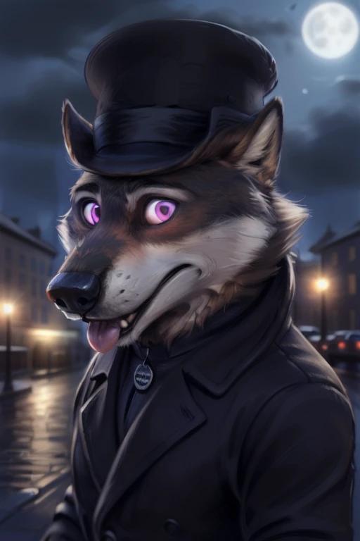 larry (zootopia), grey fur, (brown body:1.3), using a small black coke hat 19th century, wearing black worker uniform, wearing black tecnho dog collar, wearing a small Dor-15 black bowler hat with a red robotic eye in his frontal part, solo, wolf, white fur, hypnotized with completely spyral glowing purple eyes with no irises or pupils, big open mouth tongue out, anthro, pawpads, finger claws, 5 fingers, paws, 4 toes, night, full moon, tail, red carpet, suit, black tie, wearing a Dor-15 black bowler hat with a red robotic eye in his frontal part, \(suit\), BREAK by bruteandbrawn, by personalami, by kenket, (intricate, high detail, film photography, soft focus, RAW candid cinema, photorealism, realistic, photorealistic, analog style, subsurface scattering, masterpiece, best quality, ultra realistic, 8k)