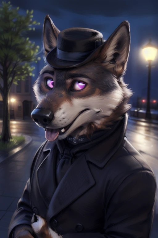 larry (zootopia), grey fur, (brown body:1.3), using a small black coke hat 19th century, wearing black worker uniform, wearing black tecnho dog collar, wearing a small Dor-15 techno black bowler hat with a red robotic eye in his frontal part, solo, wolf, white fur, hypnotized with completely spyral glowing purple eyes with no irises or pupils, big open mouth tongue out, anthro, pawpads, finger claws, 5 fingers, paws, 4 toes, night, full moon, tail, red carpet, suit, black tie, wearing a Dor-15 black bowler hat with a red robotic eye in his frontal part, \(suit\), BREAK by bruteandbrawn, by personalami, by kenket, (intricate, high detail, film photography, soft focus, RAW candid cinema, photorealism, realistic, photorealistic, analog style, subsurface scattering, masterpiece, best quality, ultra realistic, 8k)