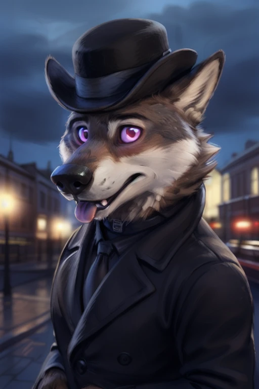 larry (zootopia), grey fur, (brown body:1.3), using a small black coke hat 19th century, wearing black worker uniform, wearing black tecnho dog collar, wearing a small Dor-15 techno black bowler hat with a red robotic eye in his frontal part, solo, wolf, white fur, hypnotized with completely spyral glowing purple eyes with no irises or pupils, big open mouth tongue out, anthro, pawpads, finger claws, 5 fingers, paws, 4 toes, night, full moon, tail, red carpet, suit, black tie, wearing a Dor-15 black bowler hat with a red robotic eye in his frontal part, \(suit\), BREAK by bruteandbrawn, by personalami, by kenket, (intricate, high detail, film photography, soft focus, RAW candid cinema, photorealism, realistic, photorealistic, analog style, subsurface scattering, masterpiece, best quality, ultra realistic, 8k)