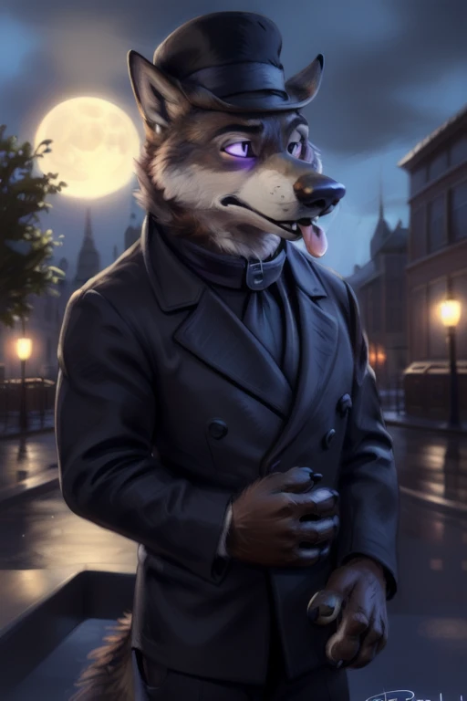 larry (zootopia), grey fur, (brown body:1.3), using a small black coke hat 19th century, wearing black worker uniform, wearing black tecnho dog collar, solo, wolf, grey fur,  hypnotized with completely spyral glowing purple eyes with no irises or pupils, tongue out, anthro, pawpads, finger claws, 5 fingers, paws, 4 toes, night, full moon, tail, red carpet, suit, black tie, wearing a Dor-15 black bowler hat with a red robotic eye in his frontal part, \(suit\), BREAK by bruteandbrawn, by personalami, by kenket, (intricate, high detail, film photography, soft focus, RAW candid cinema, photorealism, realistic, photorealistic, analog style, subsurface scattering, masterpiece, best quality, ultra realistic, 8k)