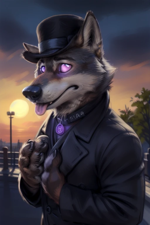 larry (zootopia), grey fur, (brown body:1.3), using a small black coke hat 19th century, wearing black worker uniform, wearing black tecnho dog collar, solo, wolf, grey fur,  hypnotized with completely spyral glowing purple eyes with no irises or pupils, tongue out, anthro, pawpads, finger claws, 5 fingers, paws, 4 toes, night, full moon, tail, red carpet, suit, black tie, wearing a Dor-15 black bowler hat with a red robotic eye in his frontal part, \(suit\), BREAK by bruteandbrawn, by personalami, by kenket, (intricate, high detail, film photography, soft focus, RAW candid cinema, photorealism, realistic, photorealistic, analog style, subsurface scattering, masterpiece, best quality, ultra realistic, 8k)