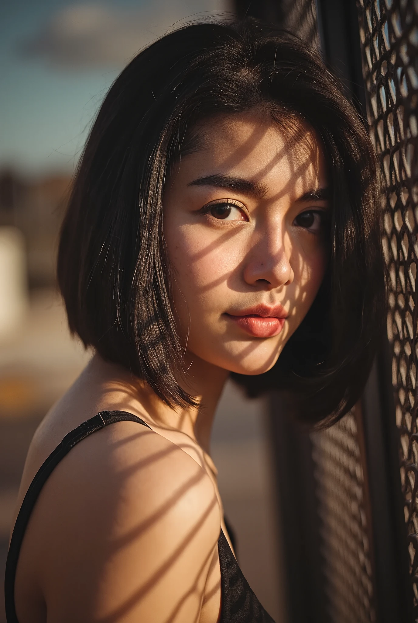 Gorgeous Thai woman is seen leaning back against a chain-link fence, bathed in warm, golden light. Her facial expression is intense and focused, with sharp shadows cast across her face from the fence, highlighting her features. wears tank top. The background reveals blurred industrial structures, adding to the urban and gritty atmosphere. The overall tone is moody, with contrasting light and shadow, evoking a sense of rawness and contemplation in a rugged environment. The overall mood like cinematic with dreamy atmosphere, 35mm film, analog film