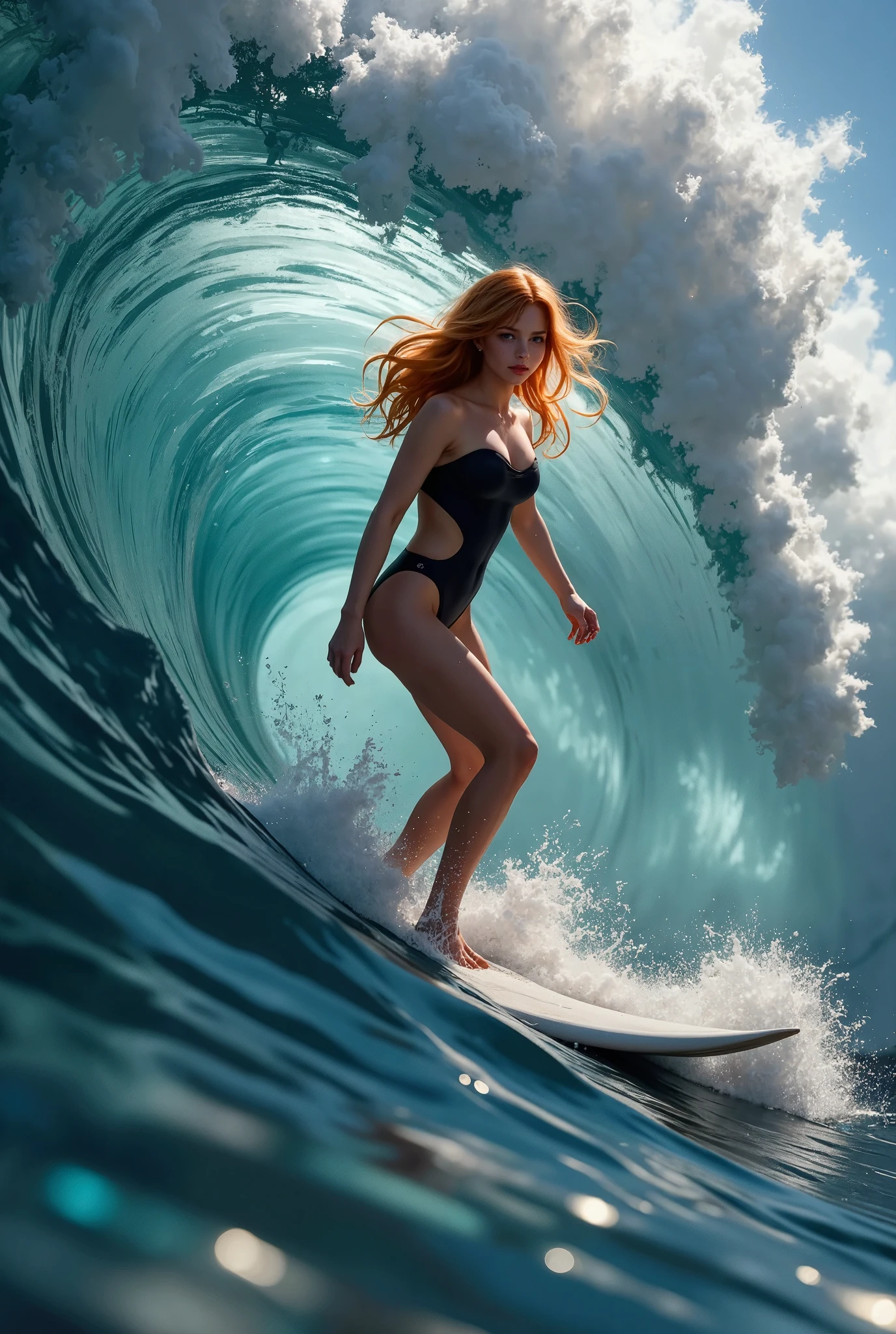 Create a stunning, high-fidelity, ultra-quality image of a beautiful female surfer riding a massive, perfectly formed wave deep inside the barrel. The wave is enormous, towering over the surfer as it curls into a hollow tube, with vibrant blue water shimmering under the sunlight. The wave’s surface is glassy and smooth, reflecting the light, while droplets of spray and foam are visible where the water begins to break. The inside of the wave should have intricate details, capturing the swirling water and mist within the barrel, adding to the sense of motion and power.

The surfer, a very pretty female with flowing red or blonde hair, is positioned upright on her surfboard, deep inside the wave. Her hair streams back in the wind, catching the sunlight as it glows with golden or fiery hues. She is wearing a sleek wetsuit or bikini, highlighting her athletic form and grace. Her posture is calm and balanced, showcasing her mastery of the wave, with subtle spray at her feet as her board glides smoothly through the water. Her expression is focused yet serene, exuding confidence and a connection to the ocean’s power.

The scene should be captured from a slightly side-on perspective, emphasizing both the magnitude of the wave and the surfer’s graceful movement within it. In the foreground, instead of people, tiny droplets of water are suspended in the air, caught mid-splash, adding to the drama of the moment and enhancing the sense of immersion. These droplets are illuminated by the sunlight, creating sparkling, dynamic patterns around the surfer as they catch the light.

The overall atmosphere of the image should convey the raw power of the ocean, with the wave’s force and scale juxtaposed against the surfer’s elegance and control. The colors should be vivid, with the deep blue of the water contrasting against the bright, sunlit sky, enhancing the dramatic beauty of the scene. The added water droplets should intensify the immersive and dynamic feeling of the moment, creatin