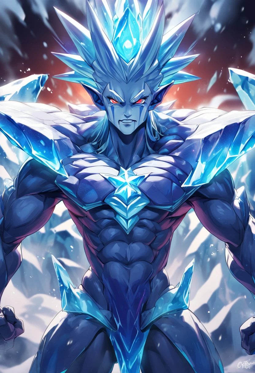 The stone guardian (torso made of stone), claws made of ice, head shrouded in flames, vortexes of air form the legs