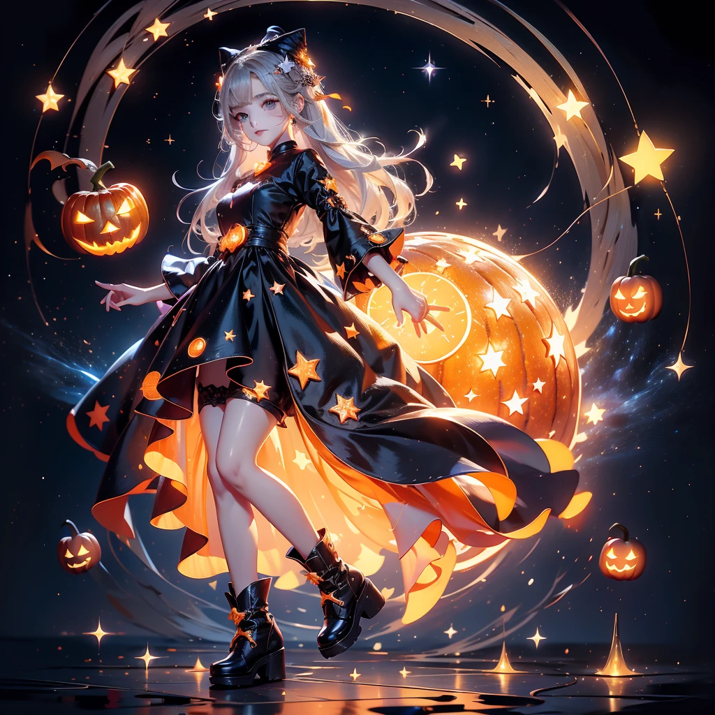 かわいいstarの妖精、（Beautiful Eyes、Detailed eyes）、The finest details、The best configuration、Perfect Anatomy、Full body front、Front、Facing forward towards the viewer、One Girl,Best Quality、masterpiece、official art、Super detailed、so beautiful、Pumpkin Fairy、Gray Hair、Straight Long Hair、milky way、Universe、star charm、star、、Long boots,Magic Circle、houndstooth、smile、Orange Neon Light、Hope and expectation、Trick or treat、Halloween、🎃、Halloweenの衣装、Orange and black goth outfit、