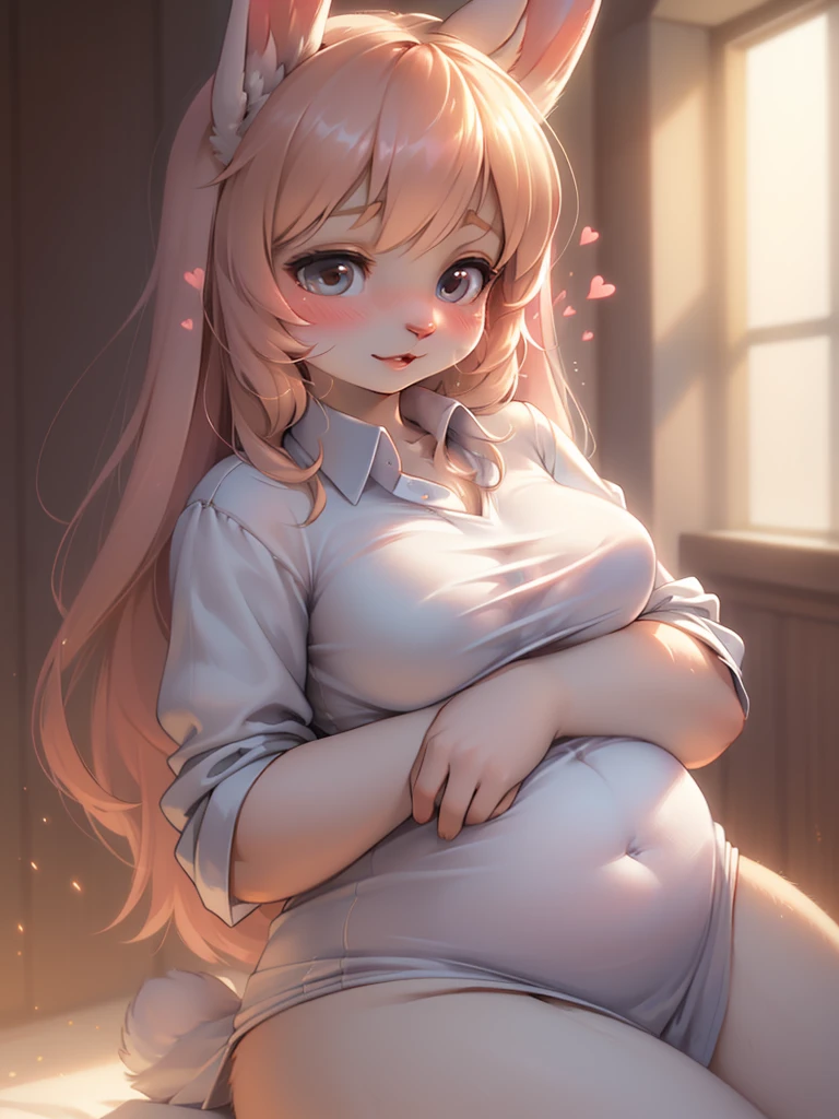 White hair. Long hair. Anime girl. Pink eyes. Nekomimi. Pregnant. T-shirt. Bedroom. Raised legs. 