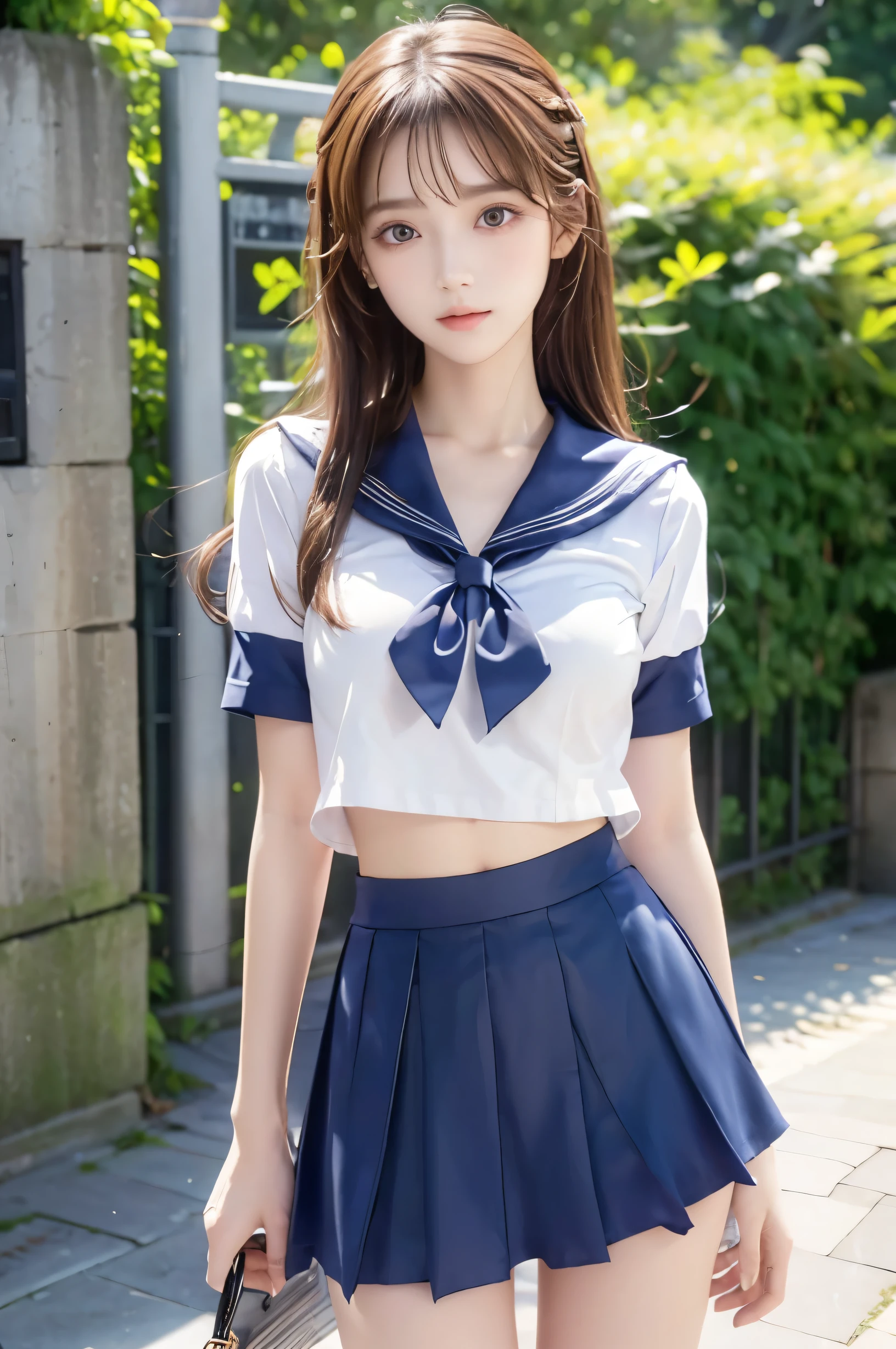 (Ultra HD), (Looking at me), (Short-sleeved sailor uniform, Navy blue mini skirt), Big Breasts, Super beautiful breasts, Slender, (Thin legs:1.2), (Thin thighs:1.2), (Thin Hips:1.4), (Beautiful Skin, Shiny skin, White skin), (Super slim face, Super beautiful face, No makeup, Smile:0.6), (Light Brown Hair, Semi-long, Layered Cut, Fluffy hair), (Big eyes:1.3, High corners of the eyes:1.6, double eyelid), (Thin eyebrows:0.1), (Small Nose:0.6), (Thin lips:0.6), Beautiful Hands, Empty-handed, Standing, In front of the school gate