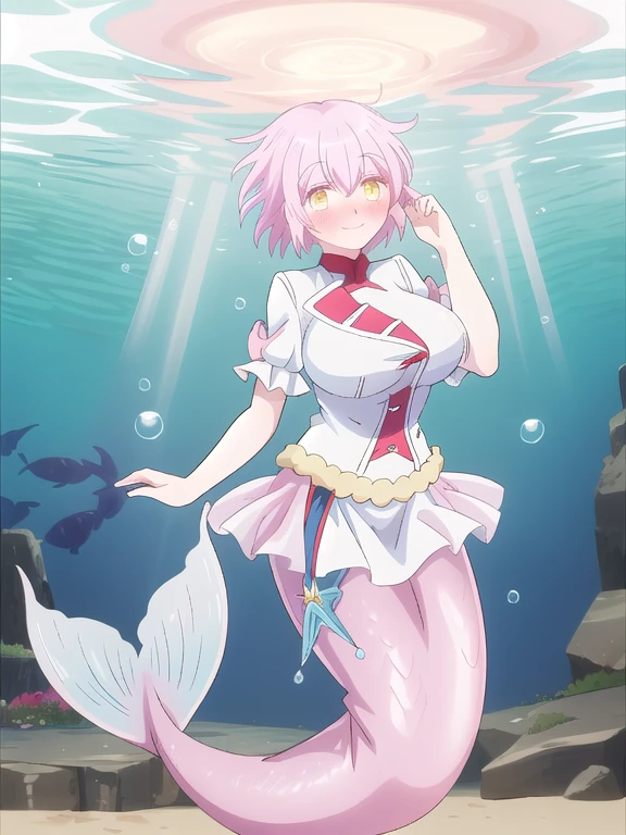 Fate mermaid Jeanne (The Case Study of Vanitas), tall, mature, short pink hair, yellow eyes, gigantic breasts, underwater sea, bubble airs, smile, red blush, looking at viewer,