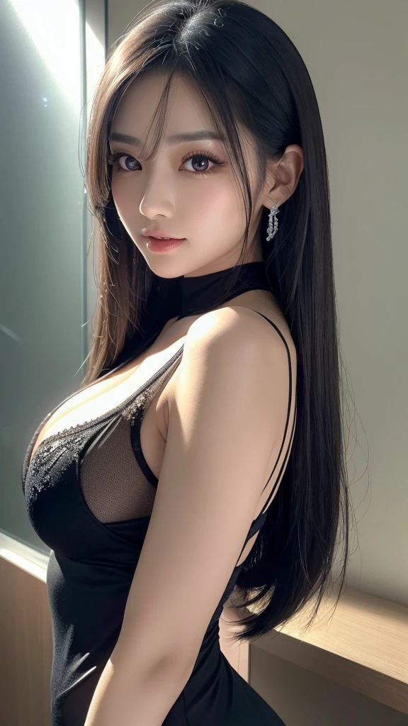 1 girl,Long hair, with big breasts, with cute bangs, blue eyes, black hair, Closed mouth, beautiful, sexy, with sexy lingerie, with kim jennie face