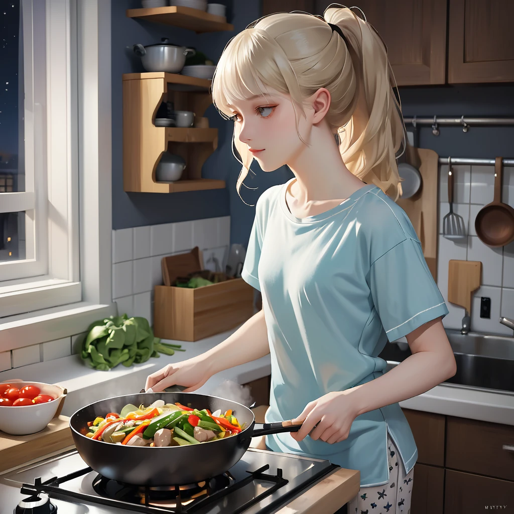 (realistic illustration:1.4), Night time. In the kitchen, making a stir fry. Pretty 21yo Slavic woman, perfect figure, small natural breasts, blond hair, brown eyes, ((very pale:1.3)), ponytail, very light makeup, t-shirt, pajama pants, a bit tired. warm smile. style by nty