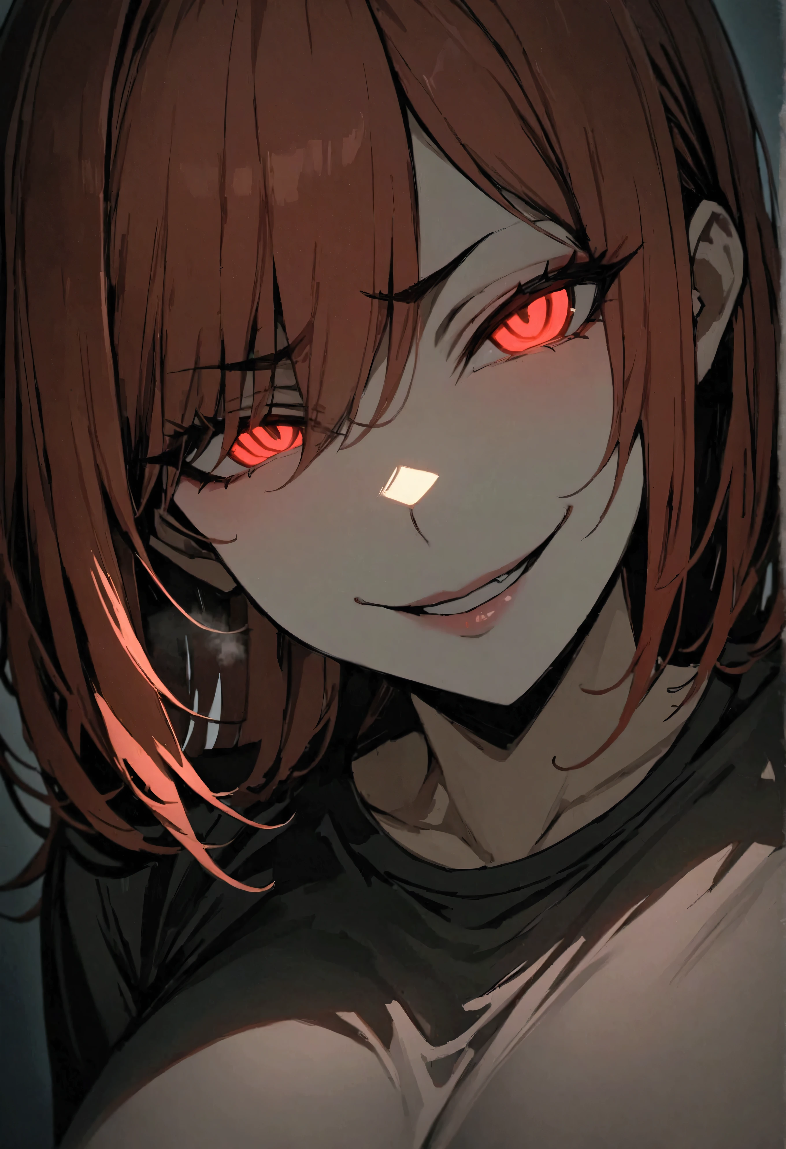 (masterpiece:1.2, The best quality), 1 woman, top del cuerpo, fitted shirt, casual, big breasts,by the wide black, Minimalist makeup,pale,natural fabrics, close up of face, evil smile, bright red eyes circular pupils,8k high resolution, detailed lines, ((top)),greeting, we salute 