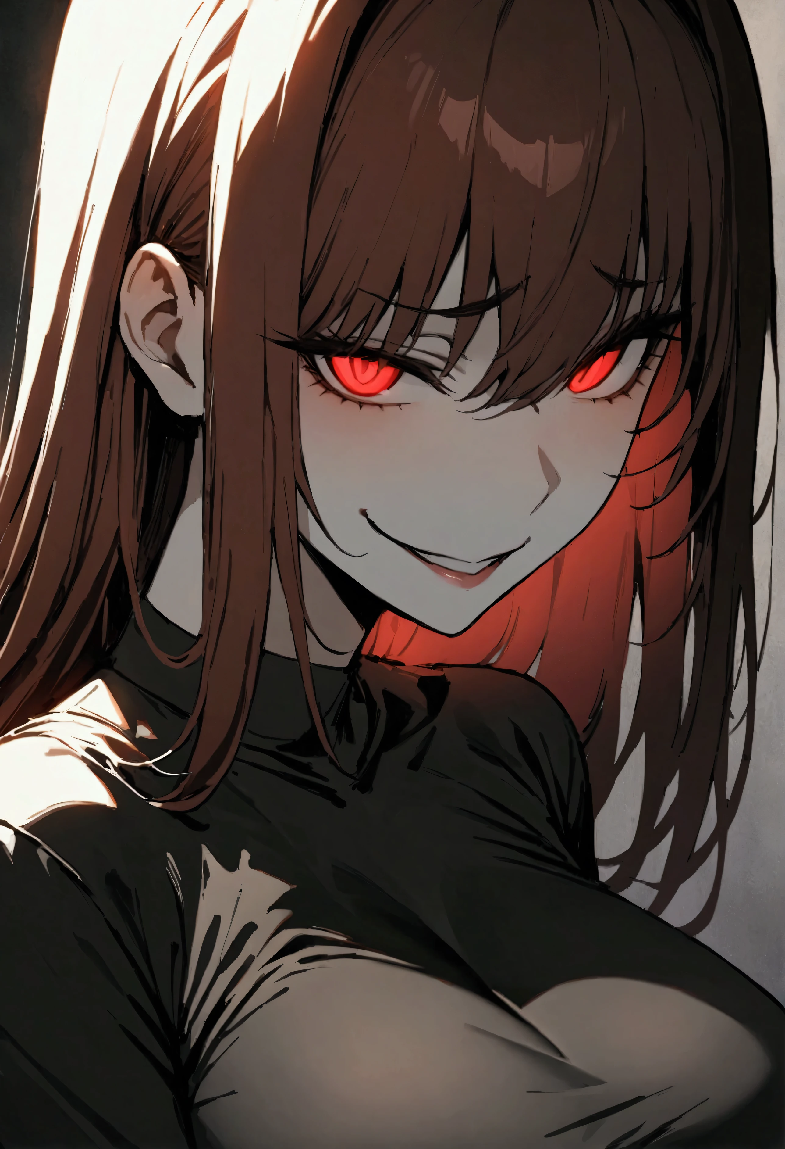 (masterpiece:1.2, The best quality), 1 woman, top del cuerpo, fitted shirt, casual, big breasts,by the wide black, Minimalist makeup,pale,natural fabrics, close up of face, evil smile, bright red eyes circular pupils,8k high resolution, detailed lines, ((top)),greeting, we salute 