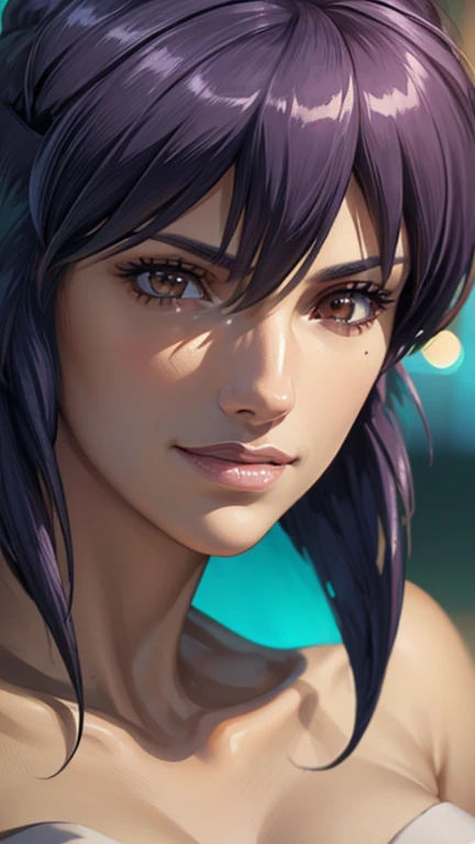 ("Smile": 1.5), Lavender medium hair, Tube top, (Facial close-up portrait: 1.37), (Best Quality, 4k, 8k, High Resolution, Masterpiece: 1.2), Ultra Detailed, (Realistic, Photorealistic, Photorealistic: 1.37), HDR, UHD, Studio Lighting, Ultra Fine Painting, Sharp Focus, Physically Based Rendering, Highly Detailed, Professional, Vivid colors, Bokeh, Exquisite details, Cinematic lighting, Warm tones, Natural skin tones, Beautifully detailed eyes, Beautifully detailed lips, Highly detailed eyes and face, Long eyelashes, Calm expression, Staring straight into the camera. "Kusanagi Motoko"