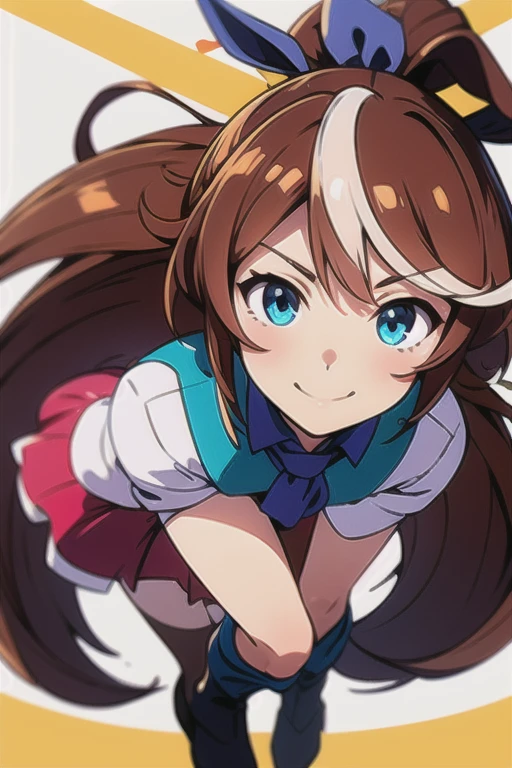 Tokai Teio \(umamusume\), ((Highly detailed eyes)), masterpiece, Highest quality, ((abnormal body, Small breasts)), (Horse tail) ,smile, blush, (indoor, office, living room), whole body, frontage, Long ponytail, (panties), (bra), (In underwear), 