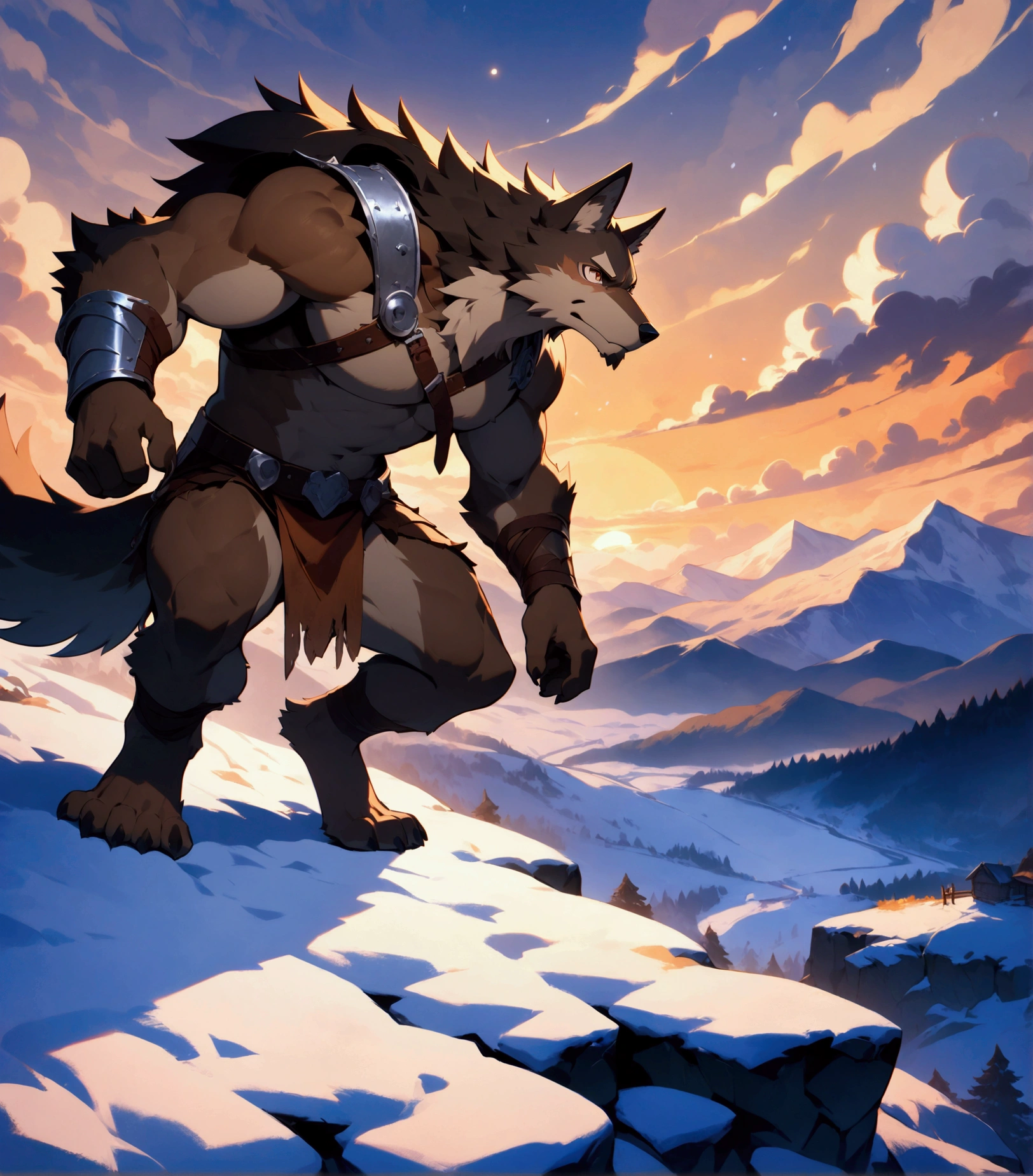 character focus, full body, looking away, dynamic angle, barbarian, a plump middle-aged wolf man, clothed, loincloth, breast plate, helmet, fighting, dynamic pose, BREAK complete anatomy, perfect proportions, beautiful thigh gap, fluffy body, intricate fur details, beautiful fur texture, BREAK detailed wolf 1tail, detailed toe, 5toes, 5toes nails, beautiful foot, detailed hands, 5fingers, 5fingers nails, BREAK aesthetic anime face, insanity detailed face, male face, big face, square jawline, aesthetic anime eyes, detailed brown eyes, detailed brown cornea, detailed dark brown irises, detailed pupils, male eyes, big eyes, male eyebrows, innocent look, beautiful beard, BREAK full body in Michelangelo Buonarroti style, digital illustration anime, housamo style, digital illustration anime, evening, snow field, path, outdoor, full color, HDR, BREAK masterpiece, official art, best quality, very aesthetic, absurdres, super fine illustration, great quality, BREAK noise reduction, very highres, large filesize, high quality, 32K, 8k wallpaper, dynamic lighting, insanity detailed, ultra detailed, intricate details, extremely detailed, detailed texture, an extremely delicate and beautiful, BREAK osukemo e621 illustration, Fur Affinity illustration, kemohomo, anthropomorphic, furry, cartoon, harmonious body, pastoral face, virtuous eyes, epic atmosphere