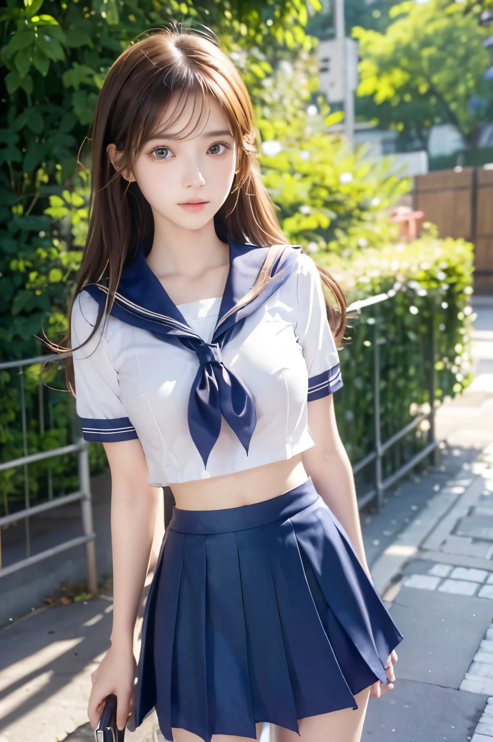 (Ultra HD), (Looking at me), (Short-sleeved sailor uniform, Navy blue mini skirt), Big Breasts, Super beautiful breasts, Slender, (Thin legs:1.2), (Thin thighs:1.2), (Thin Hips:1.4), (Beautiful Skin, Shiny skin, White skin), (Super slim face, Super beautiful face, No makeup, Smile:0.6), (Light Brown Hair, Semi-long, Layered Cut, Fluffy hair), (Big eyes:1.3, High corners of the eyes:1.6, double eyelid), (Thin eyebrows:0.1), (Small Nose:0.6), (Thin lips:0.6), Beautiful Hands, Empty-handed, Standing, In front of the school gate