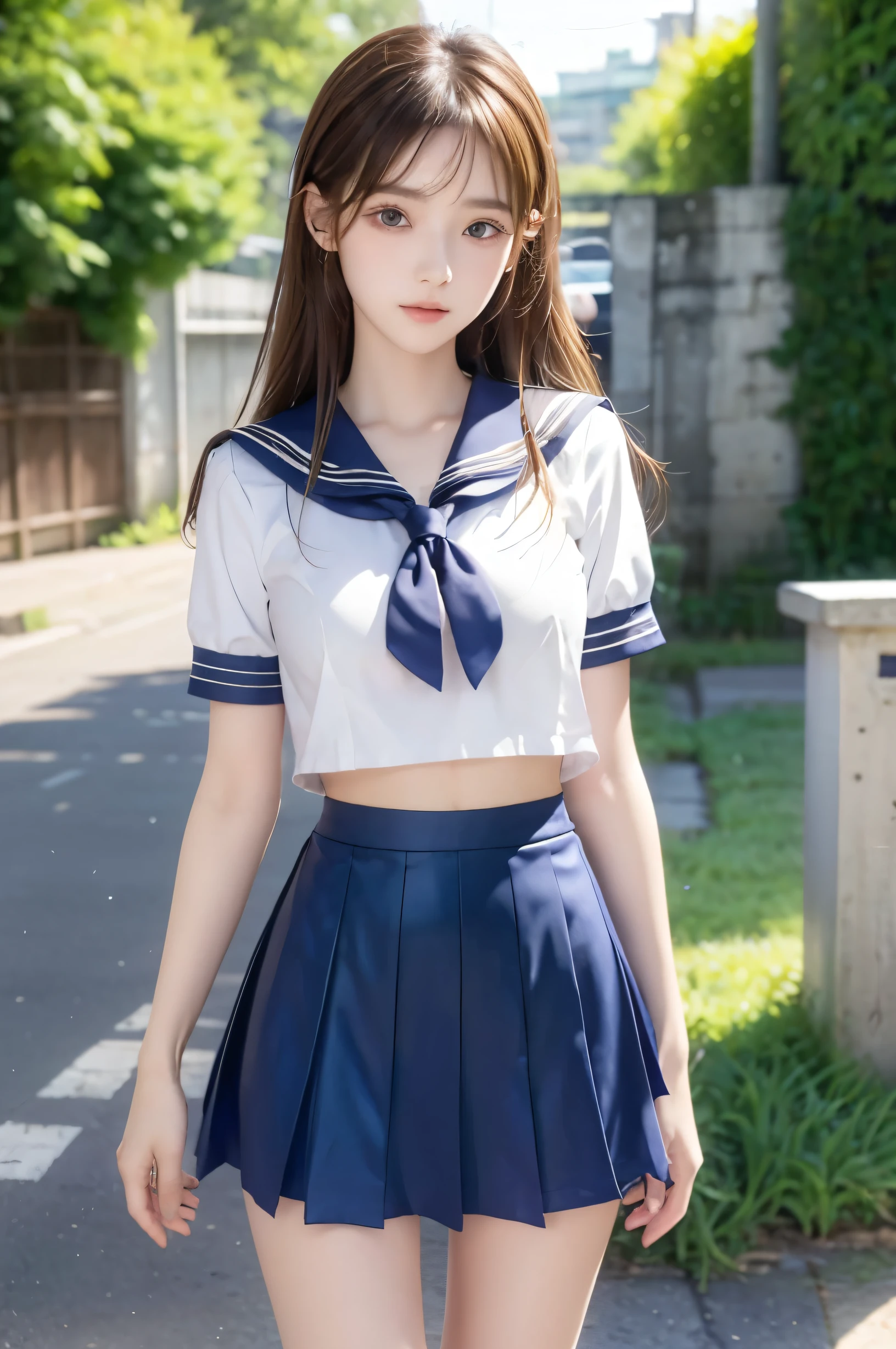 (Ultra HD), (Looking at me), (Short-sleeved sailor uniform, Navy blue mini skirt), Big Breasts, Super beautiful breasts, Slender, (Thin legs:1.2), (Thin thighs:1.2), (Thin Hips:1.4), (Beautiful Skin, Shiny skin, White skin), (Super slim face, Super beautiful face, No makeup, Smile:0.6), (Light Brown Hair, Semi-long, Layered Cut, Fluffy hair), (Big eyes:1.3, High corners of the eyes:1.6, double eyelid), (Thin eyebrows:0.1), (Small Nose:0.6), (Thin lips:0.6), Beautiful Hands, Empty-handed, Standing, In front of the school gate