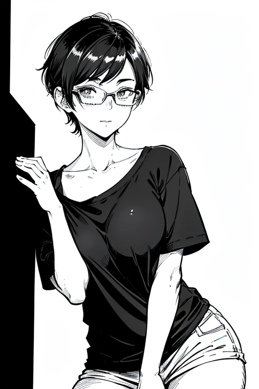 girl, facing the viewer, black and white, messy short hair, glasses, edgy accessories, sporty style, nude, naked, nipples, small breast size, confident gaze, monochrome color scheme, looking to the side, casual pose,head,((a person)),cat ears hairband, open legs, sweating body, body full of cum, pee, cum on crotch