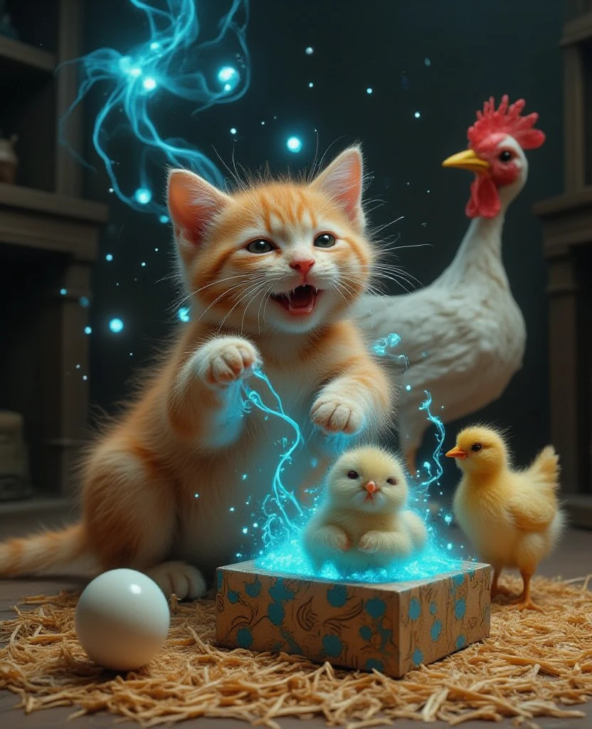 Realistic style, cute orange kitten makes funny face and plays with egg, annoying yellow chick. There is a chicken behind him. There is straw on the floor and another kitten in a gift box, creating glowing cat paws, glowing blue light, dynamic color, depth of field, dynamic angle