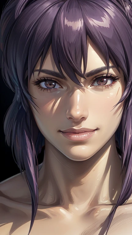 ("Smiling face": 1.5), Lavender medium hair, Tube top, (Close-up portrait of face: 1.5), (Best Quality, 4k, 8k, High Resolution, Masterpiece: 1.2), Ultra Detailed, (Realistic, Photorealistic, Photorealistic: 1.37), HDR, UHD, Studio Lighting, Ultra Fine Painting, Sharp Focus, Physically Based Rendering, Highly Detailed, Professional, Vivid colors, Bokeh, Exquisite details, Cinematic lighting, Warm tones, Natural skin tones, Beautifully detailed eyes, Beautifully detailed lips, Highly detailed eyes and face, Long eyelashes, Calm expression, Staring straight into the camera. "Kusanagi Motoko"