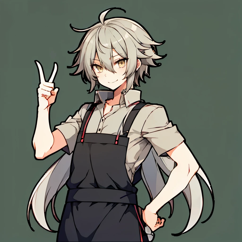 Gray Hair　male　Looking at the camera　A fearless smile　Cafe staff uniform,smile、Raise the index finger on one hand,male Tall 　、yellow Eyes