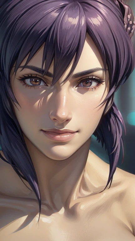 ("Smiling face": 1.5), Lavender medium hair, Tube top, (Close-up portrait of face: 1.5), (Best Quality, 4k, 8k, High Resolution, Masterpiece: 1.2), Ultra Detailed, (Realistic, Photorealistic, Photorealistic: 1.37), HDR, UHD, Studio Lighting, Ultra Fine Painting, Sharp Focus, Physically Based Rendering, Highly Detailed, Professional, Vivid colors, Bokeh, Exquisite details, Cinematic lighting, Warm tones, Natural skin tones, Beautifully detailed eyes, Beautifully detailed lips, Highly detailed eyes and face, Long eyelashes, Calm expression, Staring straight into the camera. "Kusanagi Motoko"