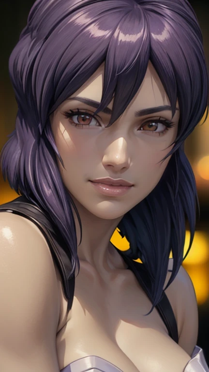 ("Smiling face": 1.5), Lavender medium hair, Tube top, (Close-up portrait of face: 1.5), (Best Quality, 4k, 8k, High Resolution, Masterpiece: 1.2), Ultra Detailed, (Realistic, Photorealistic, Photorealistic: 1.37), HDR, UHD, Studio Lighting, Ultra Fine Painting, Sharp Focus, Physically Based Rendering, Highly Detailed, Professional, Vivid colors, Bokeh, Exquisite details, Cinematic lighting, Warm tones, Natural skin tones, Beautifully detailed eyes, Beautifully detailed lips, Highly detailed eyes and face, Long eyelashes, Calm expression, Staring straight into the camera. "Kusanagi Motoko"