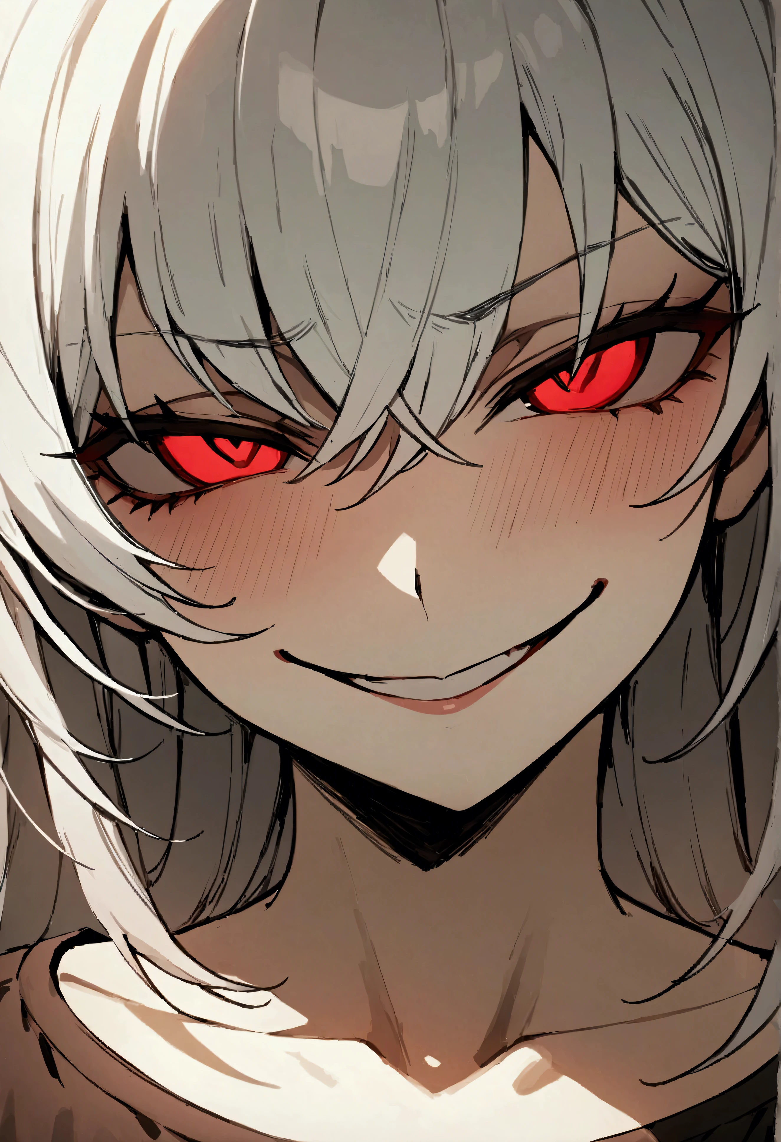 (masterpiece:1.2, The best quality), 1 woman, top del cuerpo, fitted shirt, casual, big breasts, white hair, Minimalist makeup,pale,natural fabrics, close up of face, evil smile, bright red eyes circular pupils,8k high resolution, detailed lines, ((top)),greeting, we salute 