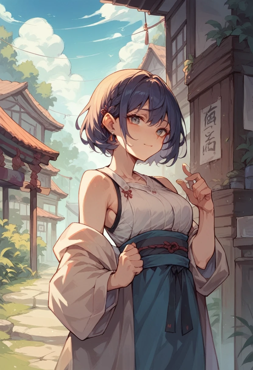 masterpiece, best quality, highly detailed, detailed face, complex background, flowers, grass, shiny, 1girl, solo, kikyou, short hair, animal ears, black hair, black eyes, halo, blue halo, medium breasts, breasts, tank top, short shorts, disgust, egasumi, expressions, navel, <lora:kikyou-09:1>
