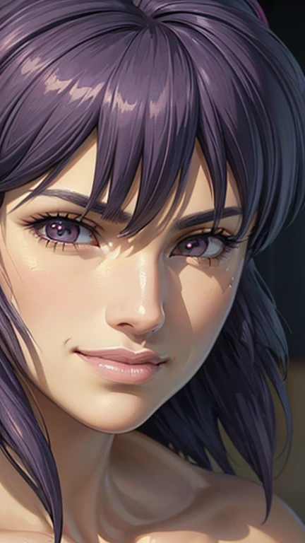 ("Smiling face": 1.5), Lavender medium hair, Tube top, (Close-up portrait of face: 1.5), (Best Quality, 4k, 8k, High Resolution, Masterpiece: 1.2), Ultra Detailed, (Realistic, Photorealistic, Photorealistic: 1.37), HDR, UHD, Studio Lighting, Ultra Fine Painting, Sharp Focus, Physically Based Rendering, Highly Detailed, Professional, Vivid colors, Bokeh, Exquisite details, Cinematic lighting, Warm tones, Natural skin tones, Beautifully detailed eyes, Beautifully detailed lips, Highly detailed eyes and face, Long eyelashes, Calm expression, Staring straight into the camera. "Kusanagi Motoko"